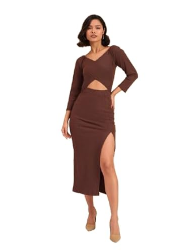 barcino Brown Rib Side Slit Wrap Neck Cut-Out Midi Dress
