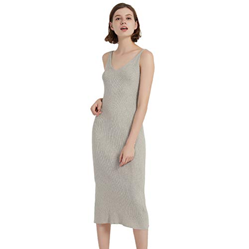Rziv Women's Sleeveless Sweater Dress Knit Slim V Neck Bodycon Midi Stretchable Elasticity Slim Fits Khaki #TOP1