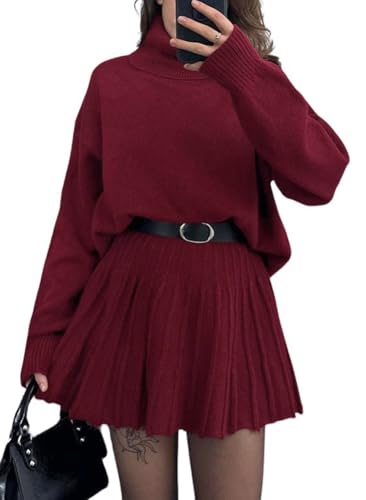 chouyatou Women's 2 Piece Sweater Skirt Sets Turtleneck Pullover Tops Mini Pleated Skirt Two Piece Knitted Outfits