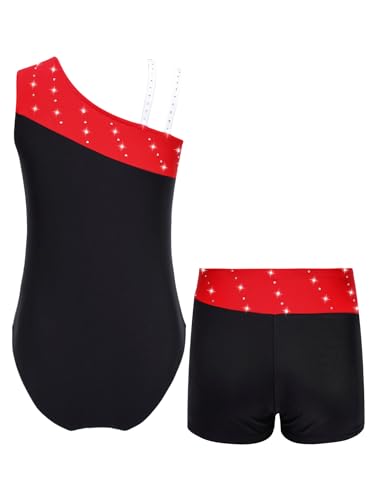 Gymnastics Leotards for Girls Oblique Shoulder Shiny Rhinestone Dancewear with Matching Shorts 2pcs Outfits Activewear2