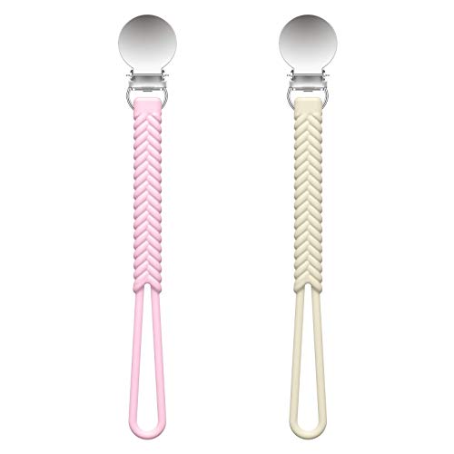 LANEYLI Pacifier Clip 100% Silicone Teether Clip Soothie Pacifier Holder for Baby Boys and Girls 2 Pack Braid Pink Beige