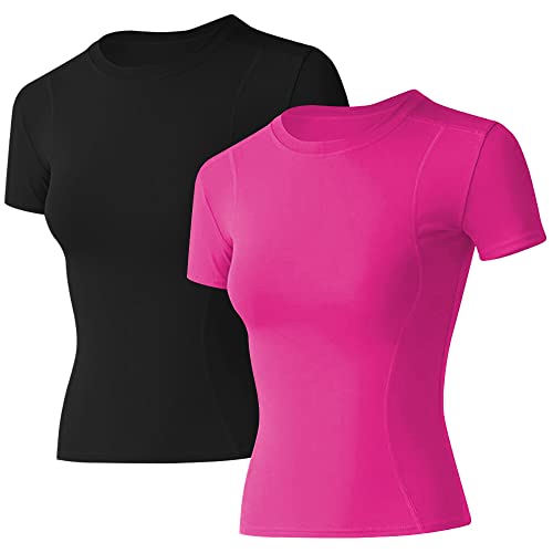 Image of Loovoo Women Workout Shirts, 1 /2 /3 Pack Short Sleeve Compression Tee | Tight Fit Gym Basic Tops, Athletic Quick Dry Crew Neck 4-Way Stretch, Flat Seams Ideal for Yoga, Gym, Running and Daily Wear