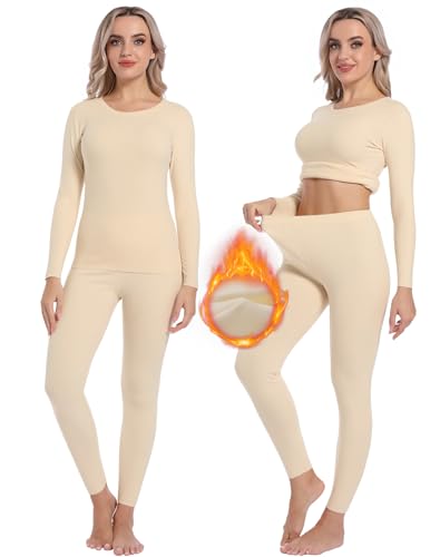 INNERSY Thermo Unterwäsche Frauen Warme Funktionsunterwäsche Damen Oberteil und Leggings Set (S, Warmes Beige)