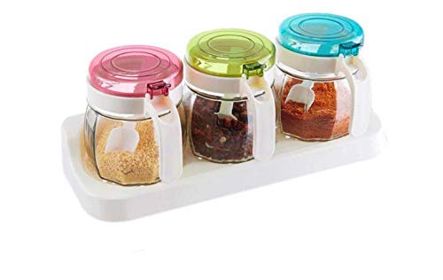 spice or seasoning glass jar, two sets of diamond shaped glass and spoon size 29 x 12 x 11.5 cm (YN756)