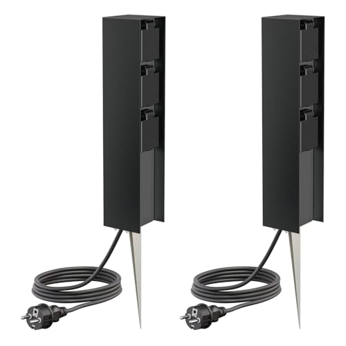 ledscom.de 2 Prises de Jardin Colonne POMI avec Piquet de Terre et 2m de câble pour l'extérieur, IP44, 3X, Noir, carré, 33cm