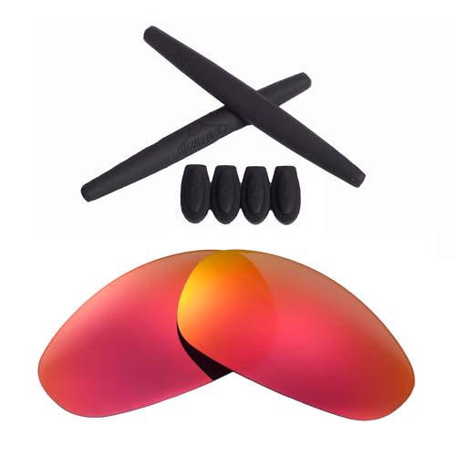 Walleva Fire Red Mirror Coated Polarized Replacement Lenses and Black Rubber Kit(Earsocks+Temple Shocks) for Oakley Juliet Sunglasses
