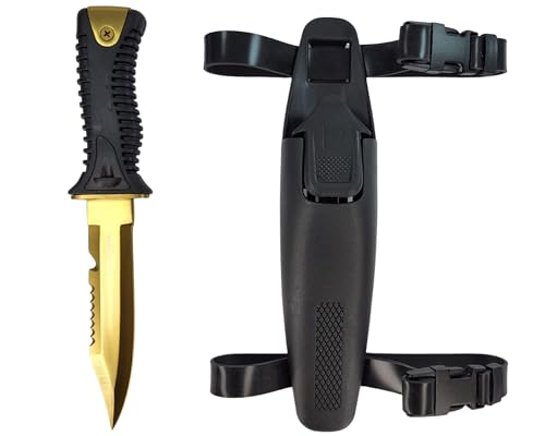 Aquatic Hunt 9.5" (245mm) Stainless Steel Titanium Nitride Coated Bowie Knife with Holster (Gold Titanium)