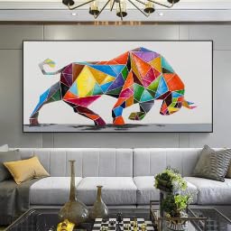 KEMEIQI Cheap printing Large Abstract Bull Canvas Art Modern Oil Painting Vibrant Animal Wall Decor for Living Room decoration(65x130cm/Frameless)