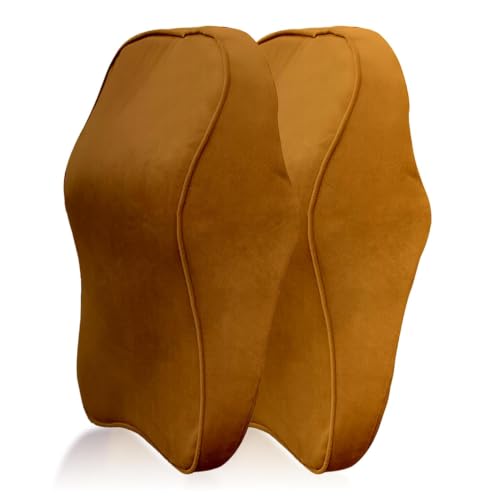 Image of WELLGIVER Orthopedic Memory Foam Car Neck Rest Pillow - Cervical Support Cushion for Neck Pain Relief, Adjustable Strap - Universal Fit for All Cars | TAN Velvet | Pack of 2