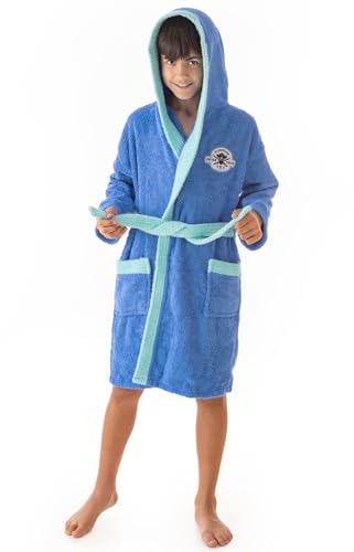 DHESTIA HOME - Albornoz Niños Adolescentes Algodón 100% Capucha y Bolsillos Pirata Blackbeard - Color AZUL, Talla Talla 10/12 Años