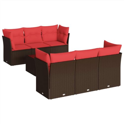 vidaXL Garten Sofa Garnitur 7-TLG., Gartenmöbel Set mit Kissen, Sitzgruppe für Garten Terrasse, Modular Gartensofa Lounge, Tisch mit Glasplatte, Braun Poly Rattan