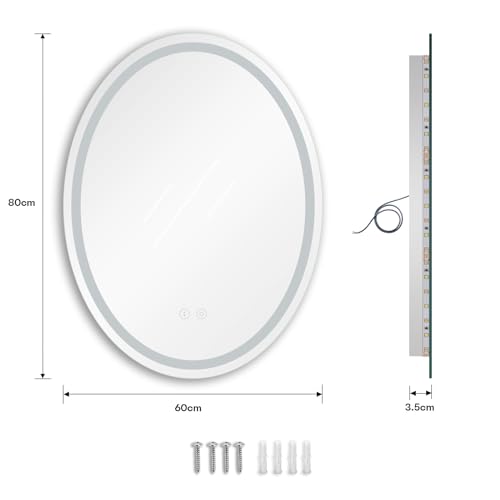 Dripex Badezimmerspiegel mit Beleuchtung Oval Led Badspiegel mit Touch-Schalter, Dimmbar, 3 Lichtfarbe Einstellbare, Beschlagfrei 60 x 80 cm – Ansicht 7