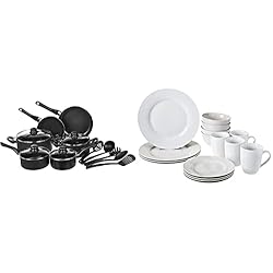 Luminarc Ollas De Vitroceramica Amazon Basics Vajilla para 4 personas (16 piezas) + Juego de utensilios de cocina antiadherentes, 15 piezas