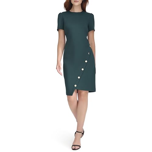 Image of Tommy Hilfiger Women's Short Sleeve Jewel Neck Colorblock Studded Asymmetrical Hem Crepe Mini Dress