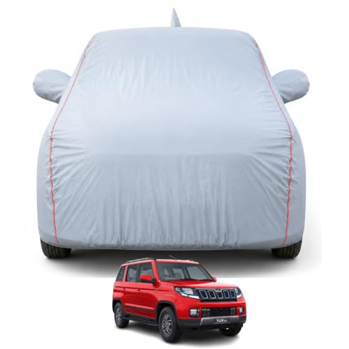 Image of Premium Car Cover for TUV 300 Model | Waterproof, UV & Dust Protection | Mirror & Antenna Pocket | Triple Stitched, Soft Inner Lining, Belt & Buckle (Dark Grey)