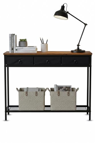 Console Table, Hallway Table, Slim Sofa Table with 3 Non-woven Drawers, Metal Mesh Frame, Sturdy, Narrow Side Table for Small Spaces, Entrance, Living Room, Industrial, Rustic Brown