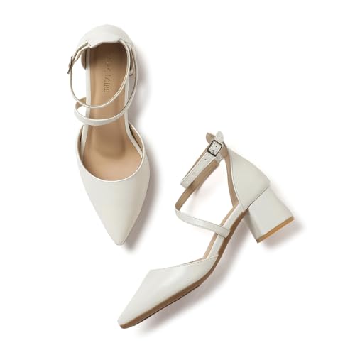 Marc Loire Women's PU Leather Pointed Toe Pumps with Block Heel | Formal Party Shoes with Ankle Loop & Buckle Closure (White, UK Footwear Size System, Adult, Women, Numeric, Medium, 8)