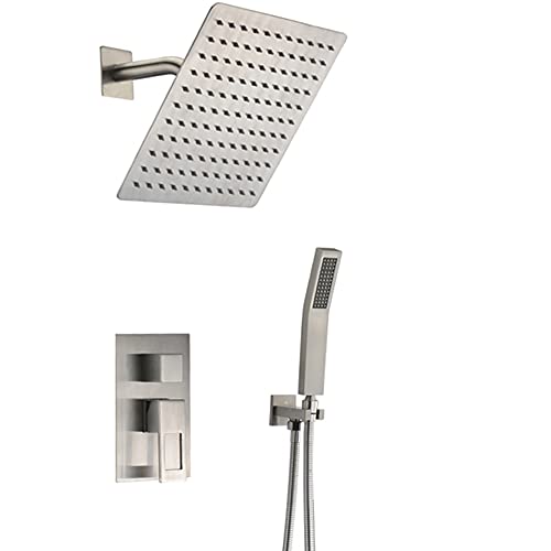 Brushed Nickel Shower Faucet Combo Set with Big Flow Pressure Balance Valve, 10" Square Showerhead, Brass Handheld Sprayer, Extra Long Shower Hose, Bathroom Shower System