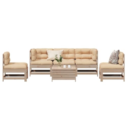 zylophax Juego de 6 muebles de jardín de madera maciza de pino con cojines resistentes a la intemperie, muebles de terraza, muebles de balcón, muebles modulares para jardín o salón