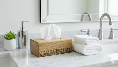 Image of WOOD ART STORE Wooden Tissue Box - Decorative Wood Tissue Holder for Home, Office, Car - Handmade Tissue Dispenser with Fine Engraving Works Size-9x5x3 Inhces (Natural Wood)