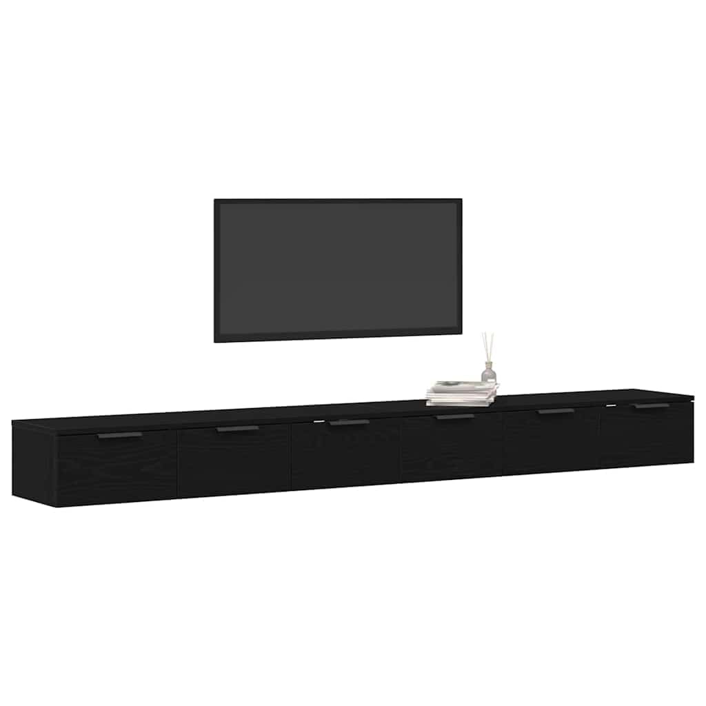Wandregal Set 2 Stück aus Holzwerkstoff Schwarz Eiche Matt 204 x 30 x 20 cm Schwebendes Regal mit 5 Türen und 2 Ablageböden für Wohnzimmer Bücher und Deko