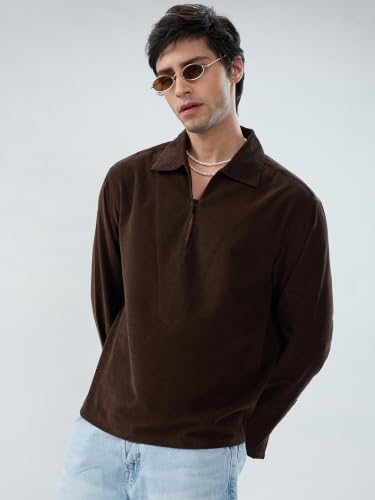 Image of VASTRADO Carob Brown Corduroy Cuffless Oversized Shirt