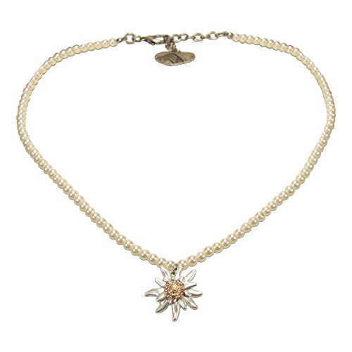 Trachten Pearl Necklace Rhinestone Edelweiss Greta (ivory-white) | Traditional German Pendant Necklace for Women | Original Bavarian Jewelry for Dirndl Costume Dress & Oktoberfest