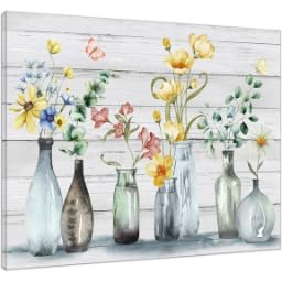 Tableau floral champêtre bleu et jaune en toile tendue pour salon 40x60cm
