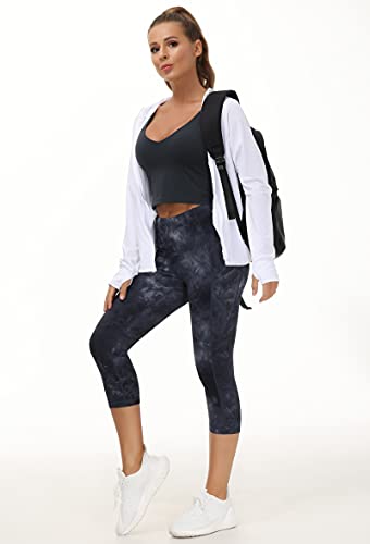 Image of THE GYM PEOPLE Thick High Waist Capris Yoga Pants with Pockets, Tummy Control Workout Running Yoga Leggings for Women