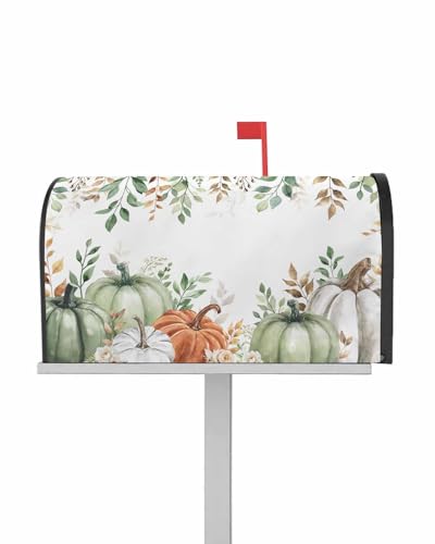 Thanksgiving Sage Green Pumpkin Mailbox Covers Magnetic Standard Size 21x18 inch Green Orange White Eucalyptus Leaves Fall Decorative Mail Box Wraps Autumn Post Letter Box Cover for Garden Yard Decor