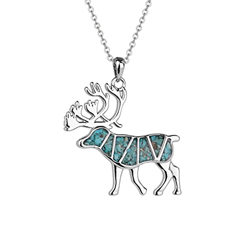 Lauren-Spencer Gemstone Animal Necklace Turquoise Tiger's Eye Tumbled Chips Animal Pendant Necklace Bear Moose Goat Deer Elk Necklace Wildlife Nature Jewelry Gift for Women Men (Caribou-Turquoise)