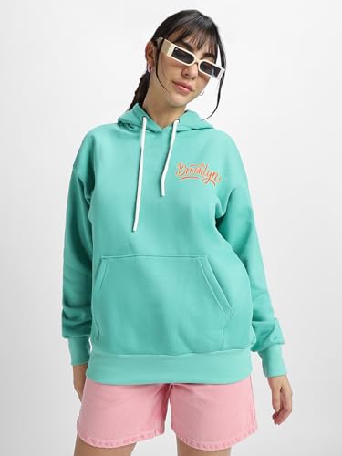 Image of JUNEBERRY Cotton Poly Fleece Oversized Fit Black, Green, Magenta, Mustard, Orange, Purple, Blue, Off White & Grey Graphic Printed Full Sleeve Hoodie for Women