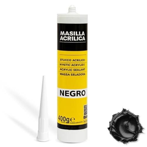 Masilla Acrílica Negro, Ideal adherencia sobre soportes absorbentes, secos y limpios, Masilla lista al uso, Rellenadora de agujeros, Formato cartucho para pistola, Color Negro, Contiene 400 gramos