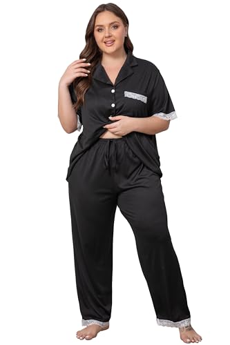 Image of Vozanet Women Short Sleeve Long Pants Pajama Sets Lace Trim Button Down Sleepwear Plus Size Knit Loungewear Sexy Nighty