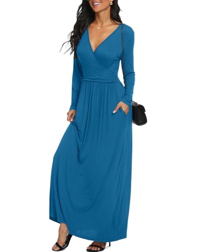 Image of LILBETTER Women Long Sleeve Deep V Neck Loose Plain Long Maxi Casual Dress