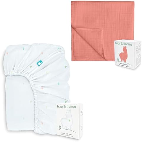 hugs & llamas | 100% Organic Cotton Muslin Fitted Crib Sheet & 100% Organic Cotton Muslin Swaddle Blankets Cover