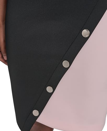 Image of Tommy Hilfiger Women's Short Sleeve Jewel Neck Colorblock Studded Asymmetrical Hem Crepe Mini Dress