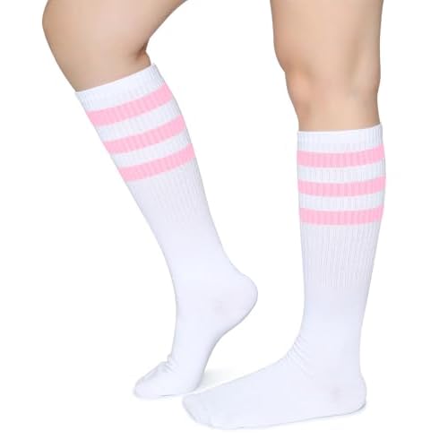 Pareberry Classical Triple Stripes Soft Cotton Over-the-Calf Retro Tube Socks One Size A-pair(pink/White)