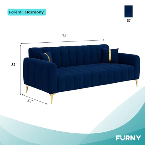 Image of FURNY Harmony 3 Seater Velvet Fabric Sofa Set (Blue) with Golden Finish Legs | Durable & Comfortable | Ideal for Living Room