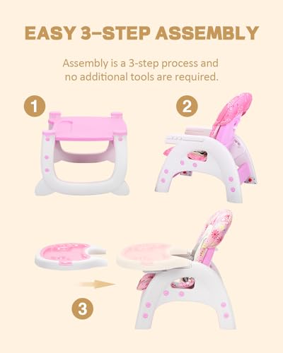 SANDINRAYLI High Chair, Adjustable Highchairs for Babies and Toddlers, Compact Baby Feeding Chair for 6 Months to 6 Years, Best Rated Convertible Kids Easy to Clean Eating Chair for Girl, Pink