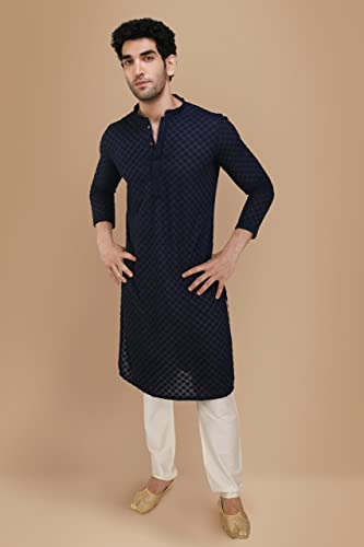 Image of Manyavar Men's Cotton Blend Chikankari Kurta Set (2pcs)