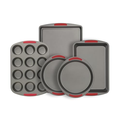 Goodcook Mega Grip 5-Piece Nonstick Steel Bakeware Set with Cookie Sheet, Roast Pan, 2 Cake Pans, and Muffin Pan, Gray (4251)