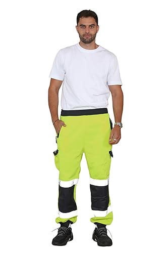 Image of Grunge Wear® Hi Viz Men's Fleece Work Trousers Reflective Safety Hi Vis Joggers - Men High Visibility 2 Tone Combat Workwear Bottoms Pants (Yellow-Navy, Large)