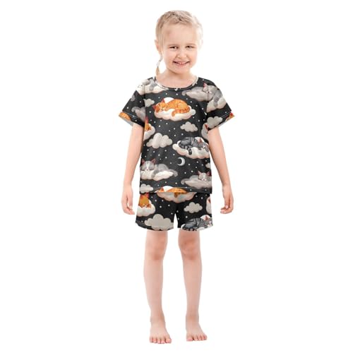 ALAZA Cute Cat Sleeping Moon Cloud Pajamas Short Sleeve 2 Piece Sleepwear Top and Bottom Pajama Set Unisex3