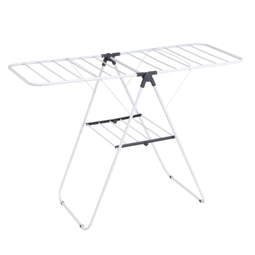 CasaSelección - Tendedero plegable con 2 alas y estante inferior de metal blanco, compacto, resistente y estable para interior y exterior con 10 metros lineales de tendido