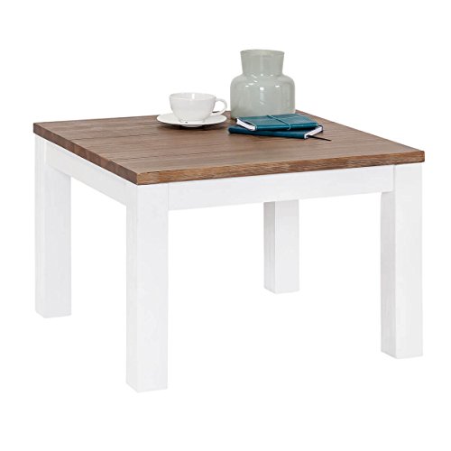 MÖBEL IDEAL Couchtisch Weiss Braun 65 x 65 cm Beistelltisch aus Massivholz im Landhausstil Holz Akazie massiv Stubentisch Cover