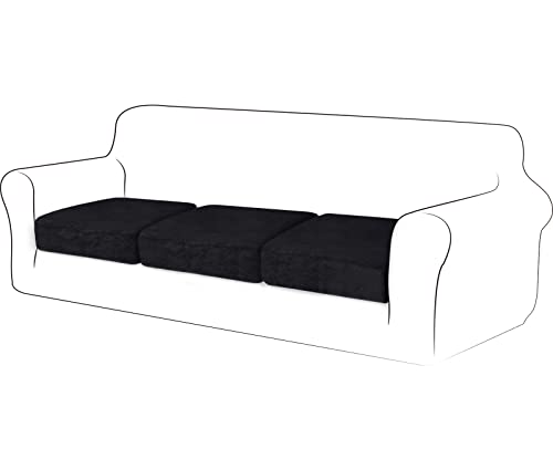 TIANSHU 3枚セット ソファー座面カバー 1人掛け,ソファー クッション カバー フランネル 無地 縦横弾力 ストレッチ フィットタイプ 滑り止め 柔らかい 伸縮素材伸び良く 四季適用 超便利(1人掛け│3枚セット,黒)