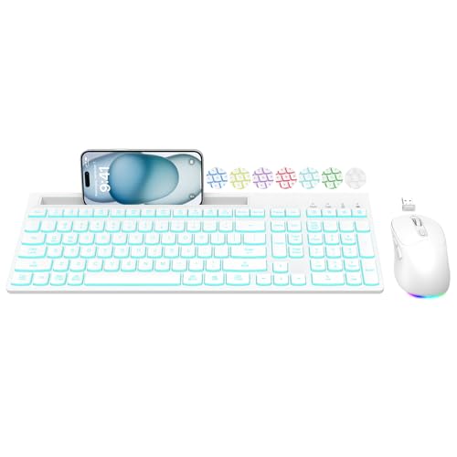 Image of Wireless Keyboard and Mouse Combo, 7 Backlit Effects, Light Up Letters, Rechargeable, Phone Holder, 6 Button Mouse, Ergonomic Tilt Angle, 2.4GHz Silent USB Keyboard Mouse for Laptop, PC