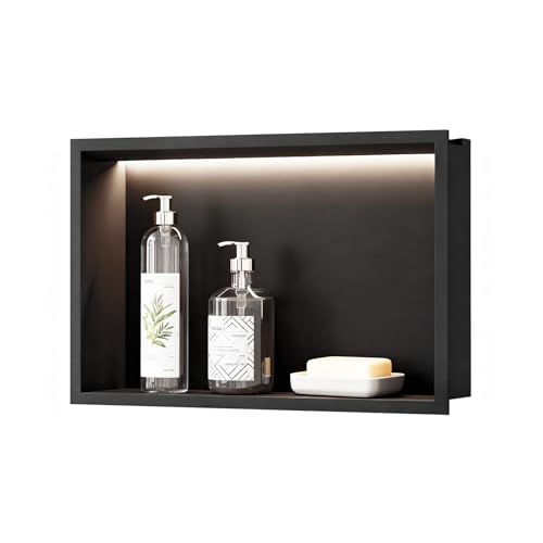 sunrik LED Wandnische Dusche, Duschnische aus Edelstahl für Badezimmerbeleuchtung, Ablagen für wasserdichte Beleuchtung und Aufbewahrung, Mattschwarz, 45×30cm, Keine Fliesen erforderlich, Einbauwand