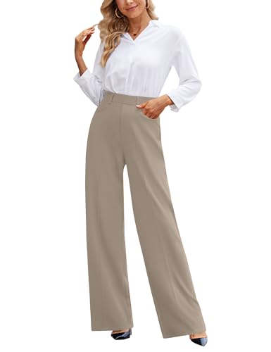Narcissus Wide Leg Pants - Women's High Waisted Dress Slacks (Taupe, Regular S)